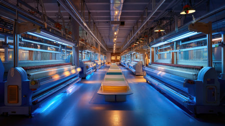 A modern textile manufacturing facility featuring advanced machinery and illuminated by blue lighting, highlighting industrial innovation and efficiency.の素材