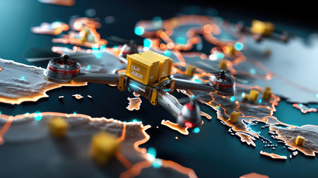 A modern drone is delivering a package over a detailed map of Europe, exemplifying innovative logistics solutions in the transportation industry.の素材