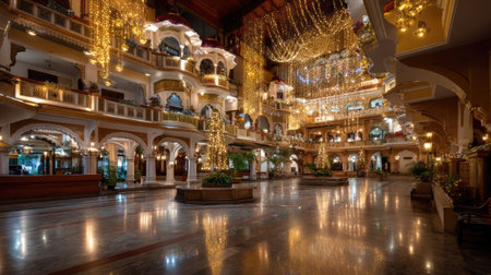 A breathtaking indoor setting featuring intricate architectural details and mesmerizing lighting, perfect for celebrations and elegant gatherings.の素材