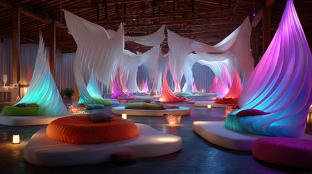 Explore a stunning lounge interior featuring vibrant fabric sculptures and colorful lighting, creating a serene atmosphere for relaxation and gatherings.の素材