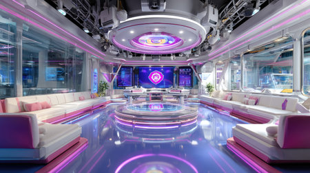 A stylish and modern television studio interior featuring bright neon lights, sleek furniture, and a spacious open layout, ideal for creative broadcasting and media production.の素材