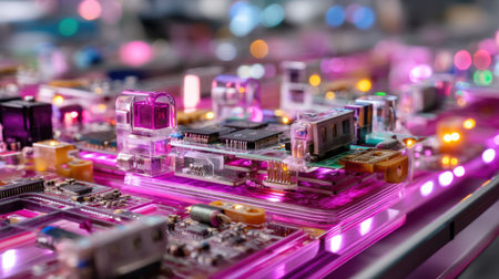 This vivid close-up image showcases colorful microchips and circuit boards illuminated with neon lighting, perfect for technological themes and innovation.の素材