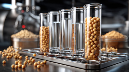 A captivating scene featuring glass test tubes filled with yellow beads and clear liquid, showcasing the precision and elegance of scientific experimentation.の素材