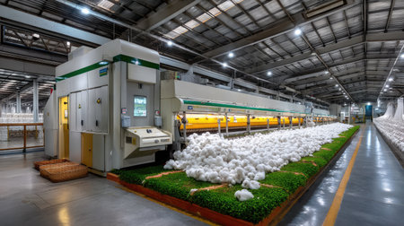 This vibrant stock photo captures a modern warehouse showcasing advanced technology in mushroom farming. The automated systems enhance efficiency in indoor cultivation.の素材