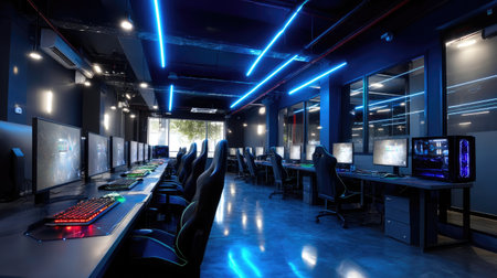A contemporary gaming studio featuring high-end computers, ergonomic chairs, and neon lighting. Ideal for esports events and team collaboration, this space embodies modern design and passion for gaming.の素材