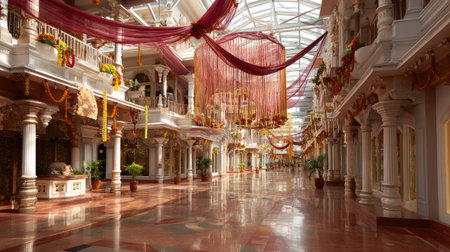 This image features an elegantly designed hallway, richly adorned with floral decorations and vibrant drapes, creating a warm and inviting atmosphere.の素材