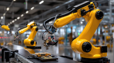 This photo showcases advanced industrial robotics in a modern manufacturing facility, emphasizing the role of automation in enhancing production efficiency.の素材