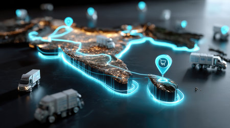 A detailed digital representation of India showcasing delivery icons and trucks, illustrating the modern logistics and transportation network.の素材