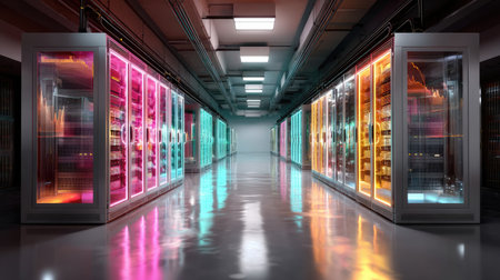 This image captures a high-tech data center showcasing colorful server racks, illuminated for a dynamic and innovative atmosphere, ideal for technology concepts.の素材