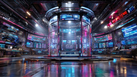 A stunning futuristic control center featuring advanced technology displays and vibrant neon lighting. The sleek environment showcases high-tech design elements perfect for innovative projects and immersive experiences.の素材