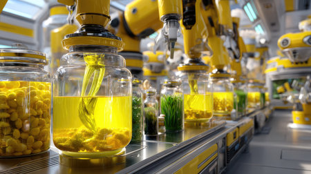 This image showcases a modern manufacturing facility featuring yellow robotic arms working with glass jars filled with vibrant liquids and plants.の素材