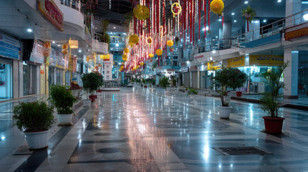 A serene and vibrant indoor market scene showcasing decorative lights and lush plants. The mall appears quiet at night, highlighting modern architecture.の素材