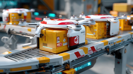 This image showcases a high-tech drone delivery system featuring advanced drones transporting packages on a modern conveyor belt in a warehouse.の素材