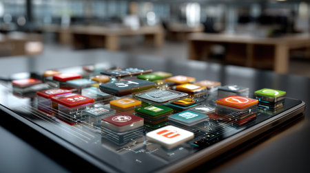 A modern tablet showcases a variety of colorful application icons on a sleek glass surface. The setting emphasizes a contemporary office environment, symbolizing innovation and productivity.の素材