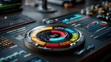 This image showcases a modern control panel featuring vibrant interface elements and data visualization tools, ideal for technology and analytics environments.の素材
