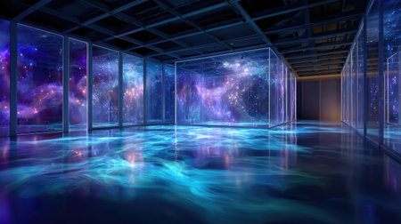 Explore a stunning abstract representation of cosmic space, featuring vibrant colors and reflections in a futuristic glass room, creating a serene atmosphere.の素材