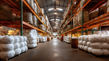 This image showcases the interior of a modern warehouse featuring organized shelving filled with bundled goods, designed for efficient storage and logistics.の素材