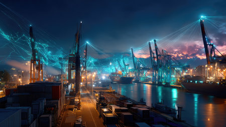 An electrifying nighttime harbor scene showcasing cranes and container ships illuminated by neon lights against a dramatic sky. The reflection on the water enhances the vibrant atmosphere, capturing the essence of industry and trade in an urban waterfront setting.の素材