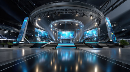 A stunning modern stage setup showcasing advanced lighting and large illuminated screens, ideal for events, presentations, and performances in a spacious arena environment.の素材