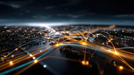 This stunning image illustrates a vibrant and abstract representation of global connectivity, featuring illuminated data streams flowing over a cityscape at night.の素材