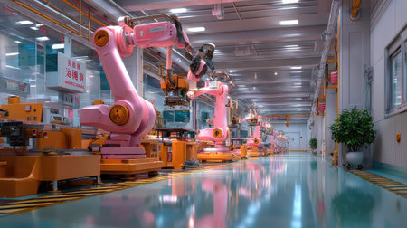 A modern manufacturing facility showcasing advanced industrial robotics with vibrant pink and orange robotic arms performing tasks efficiently.の素材