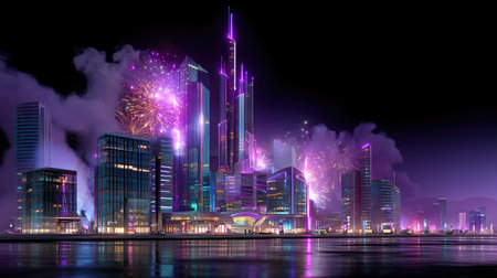 A stunning futuristic cityscape featuring glowing skyscrapers and vibrant fireworks illuminating the night sky above a peaceful waterfront.の素材