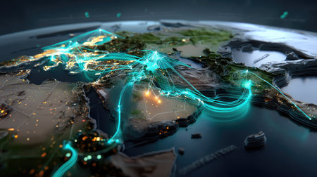 A stunning 3D illustration showcasing a globe with illuminated lines representing data flow and connectivity between various regions and cities worldwide.の素材