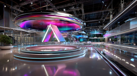 A visually striking modern studio featuring vibrant neon lights and a sleek design, perfect for television production and high-tech events. The ambiance showcases innovation.の素材
