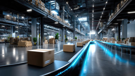 A modern warehouse interior showcasing advanced conveyor systems transporting cardboard boxes in a spacious, well-organized logistics facility.の素材