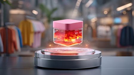 This striking 3D render features a pink cube container with colorful blocks floating above it, designed to attract attention in a modern retail environment.の素材
