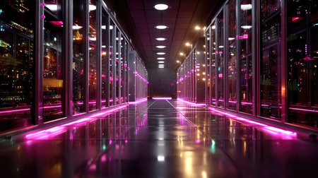 This image features a futuristic corridor adorned with vibrant pink neon lights, reflecting the urban skyline, capturing a high-tech ambiance in contemporary architecture.の素材