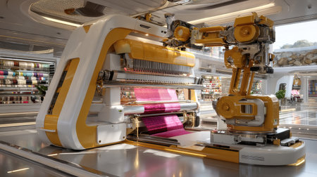 This image showcases an advanced textile production machine equipped with a robotic arm, highlighting modern technology in a vibrant workshop environment.の素材