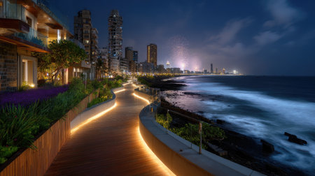 Capture the beauty of a scenic waterfront promenade at night, showcasing a stunning city skyline, fireworks display, and gentle ocean waves.の素材