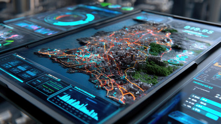 A highly detailed digital map showcasing an urban landscape with advanced data visualizations and analysis tools. Ideal for technology and design projects.の素材