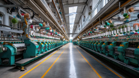 A vibrant textile manufacturing facility showcasing advanced machinery and colorful spools. The bright, spacious design highlights efficiency and innovation in production.の素材