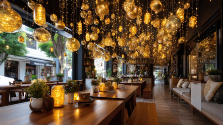 This image showcases a modern restaurant interior adorned with elegant hanging lights, creating a cozy atmosphere ideal for dining and socializing.の素材
