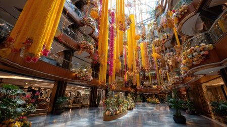 This captivating image showcases the stunning interior of a luxury cruise ship, featuring vibrant floral decorations and bright hanging installations that create an extraordinary atmosphere.の素材
