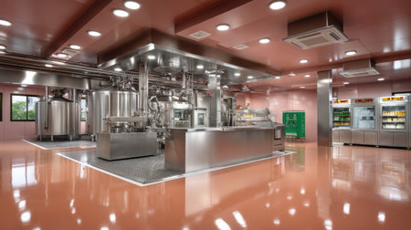 This image showcases a state-of-the-art food processing facility featuring stainless steel equipment and a clean, bright interior. The design promotes efficiency and safety.の素材