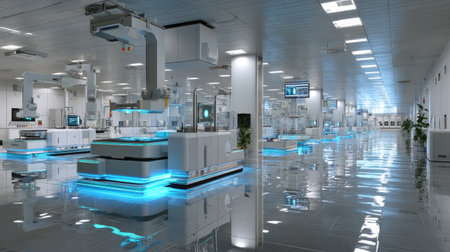 An extensive view of a modern automated factory interior showcasing advanced robotics and cleanroom technology, featuring illuminated installations and a high-tech environment ideal for efficient production.の素材