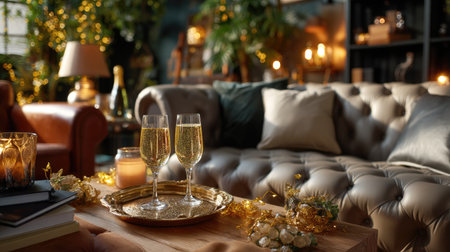 A stylish and inviting living room scene featuring two champagne glasses on a decorative tray, surrounded by warm lighting and festive decor for celebrations.の素材