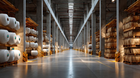 This image captures a spacious warehouse interior featuring neatly stacked stock and rolls on shelves, illuminated by bright overhead lights, showcasing an organized industrial environment.の素材