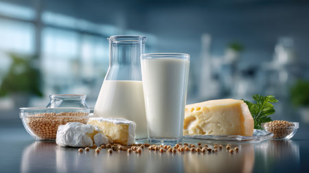 A vibrant collection of fresh dairy products including milk, yogurt, and cheese arranged on a modern kitchen table. Ideal for cooking and nutrition themes.の素材