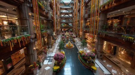 A stunning indoor atrium adorned with vibrant flowers and intricate decorations, featuring a serene water feature that creates a festive ambiance.の素材