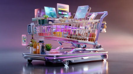 A contemporary shopping cart filled with innovative digital devices and various consumer products, showcasing a vibrant retail environment and futuristic shopping experience.の素材