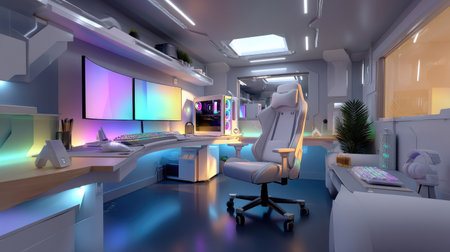 A stunning modern gaming setup featuring a sleek ergonomic chair, multiple screens, and colorful LED lighting, creating an ideal workspace ambiance.の素材