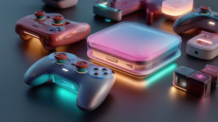 A visually striking arrangement of gaming controllers and a glossy console on a dark surface, illuminated by vibrant glowing elements that enhance the tech aesthetic.の素材