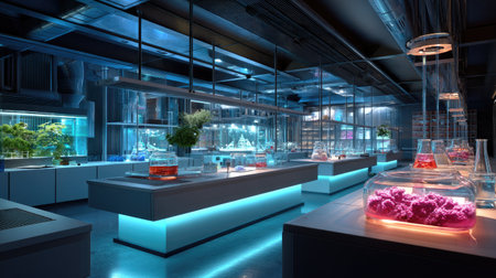 A stylish modern laboratory space showcasing advanced technology and vibrant glass vessels. The environment promotes innovative research and study.の素材