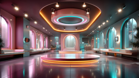 This captivating interior showcases a blend of modern and retro design, featuring vibrant neon lights and plush seating, ideal for social gatherings.の素材
