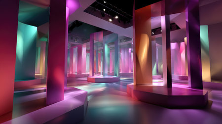 An immersive abstract art installation featuring colorful pillars illuminated by vibrant lights. The unique geometric shapes create an enchanting atmosphere, inviting exploration and creativity.の素材