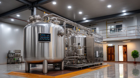 This image showcases a state-of-the-art industrial manufacturing setup featuring stainless steel machinery in a well-lit factory environment.の素材